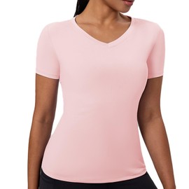 OVIYEGAIN Pink V-Neck Compression T Shirts for Women,Basic Casual Yoga T-Shirts,Quick Dry Athletic Running Tops