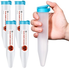 Colingmill 4 Count Single Use Travel Sharps Containers Transportable Small Disposal Sharps Containers with Locking Mechanism for Needles Syringes (Blue)