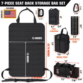 IronSeals Car Seat Back Organizer with 4 Pouches, Tactical Molle Panel Sag Proof Vehicle Seat Protector Automotive Seat Back Pad - Duffel Bag, Medical Pouch， Water Bottle Pouch and Molle Pouch