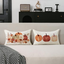 TAJWE Fall Pillow Covers 12x20 Inch Set of 2 Orange Pumpkins Autumn Flowers Pillowcases Farmhouse Decorative Seasonal Thanksgiving Harvest Cushion Cases for Sofa Couch Home Decor