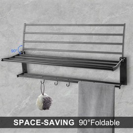 FASDRESS Foldable Towel Bar with Shelf, Wall Mounted Bathroom Towels Rack, Double Towel Holder with Rod & Movable Hooks, Waterproof Rustproof Aluminum Towel Hanger Bar for Hotel Bath Matte Black