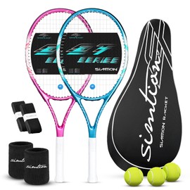 SIMTION 27 Inch Tennis Rackets Set, 2 Player Pre-StrungTennis Racquets for Adults, 2 Overgrip Tapes, 3 Balls, 2 Wristbands and Carrying Bag, for Beginner and Professional (Rose Pink & Blue)