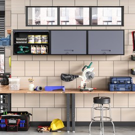 Anxxsu Metal Wall Cabinet with Locking Door and Shelf, Hanging Garage Cabinets with Up-Flip Doors for Garage, Warehouse, Home, Office, Assembly Required (Black Grey, One Cabinet)