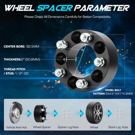 5x4.5 2 inch Wheel Spacers 82.5mm Bore for Ford Mustang Ranger Explorer, Dodge Dakota, 1/2"-20 Studs 5 Lugs Wheel Adapters fits Jeep Wrangler TJ YJ TJ XJ MJ KJ KK ZJ, 50.8mm Thick 5x114.3mm, Set of 4