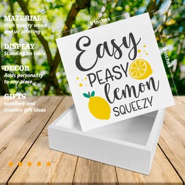 Lemon Wooden Box Sign House Decor Easy Peasy Lemon Squeezy Square Wood Sign Desk Decoration Summer Wood Block Tiered Tray Box Sign for Shelf Home 5 x 5 Inches