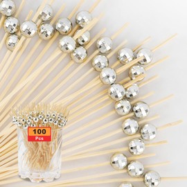 Cocktail Picks, Toothpicks for Appetizers 100PCS, Fancy Tooth Picks, 4.7 Inches Skewers for Fruit Kabobs, Silver Disco Party Supplies, Bamboo Sticks for Fruit Drinks Food Charcuterie Cocktail Garnish