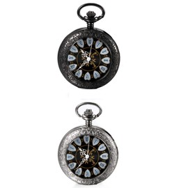 JewelryWe Retro Hand Winding Mechanical Pocket Watch Vintage Floral Pattern Roman Numerals Watch Pocket Watches with Chain and Gift Box, Black/Silver, 2 pieces (black/silver) flowers Roman numerals,