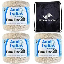 Aunt Lydia's Crochet Thread Extra Fine Size 30 Natural 180-226 (3-Skeins) Same Dye Lot Size 30 Soft 100% Mercerized Cotton Bundle with 1 Artsiga Craft Bag