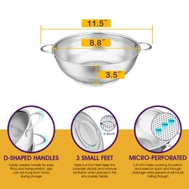JIDSPWLS Stainless Steel Colander, 3-Quart Micro-Perforated Metal Colander Strainer with Handle for Kitchen/Draining Pasta/Rinsing Vegetables Fruits,Dishwasher Safe - 8.8 Inches