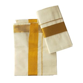 Kolakeer™ Women's Cotton Set Mundu Half Saree - Single Kerala Onam Plain Kasavu Mundum Neriyathum (Gold Pallu, White)
