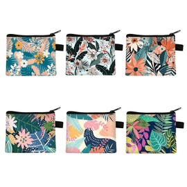Syrvnto Pack of 6 Mini Purse Women's Purse with Tropical Design Zip Wallet for Coins, Lipstick, Keys, Credit Cards, Headphones Colourful Flowers Palm Tree Print