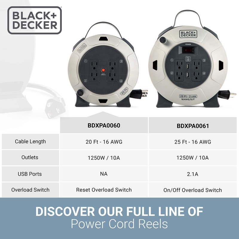 BLACK+DECKER Retractable Extension Cord Reel 20 Ft. With 4 Outlets,