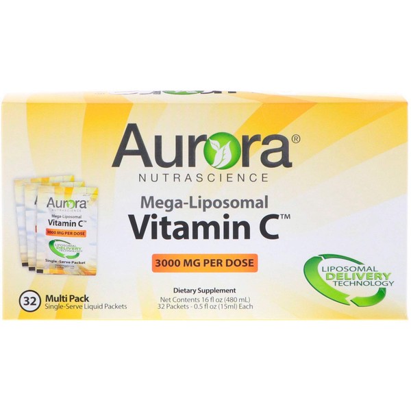 Aurora Nutrascience, Mega-Liposomal Vitamin C, 3000 mg, 32 Single-Serve Liquid Packets, 0.5 fl oz (15 ml) Each