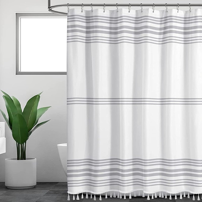 Seasonwood Grey and White Shower Curtain with Tassels Modern Farmhouse