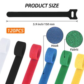 KACNON Pack of 120 Velcro Cable Ties, Velcro, 150 x 12 mm, 6 Colours, Velcro Cable Ties, Reusable, Adjustable Velcro Cable Ties, Velcro Cable Ties for Home, Office and Garden