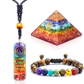 M&N Jewelry Designs Healing Crystals Necklace - 7 Healing Energy Chakra Crystals, Natural Tiger Eye, Rose Quartz, Adjustable (Orgone Pyramid, Chakra Necklace, Tiger Eye Bracelet)
