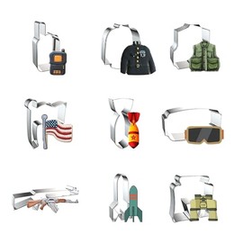 WJSYSHOP Military Cookie Cutters 9-Pc Set – Walkie Talkie Army Service Uniform Tactical Vest Flag Bomb Military Goggle Rifle Gun Missile Military Binoculars - B