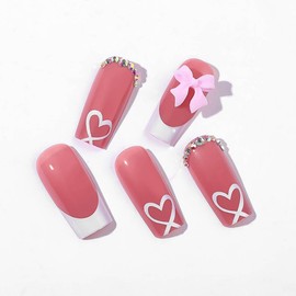 RikView Long Press on Nails Pink Fake Nails French Tips Nails Square Nails Glossy Full Cover Nails for Women 24 PCs/Set