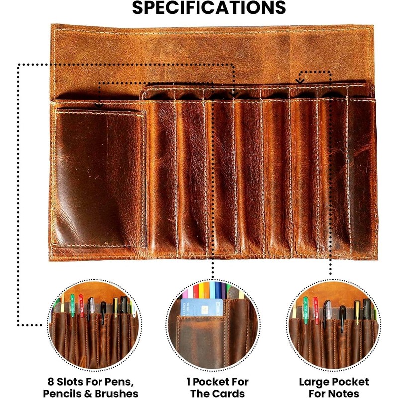 Jaald Genuine Leather Pencil Roll Brush Case Pen Holder Organizer