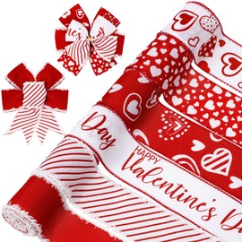 Whaline 36 Yard Happy Valentine's Day Wired Edge Ribbon Red White Love Hearts Craft Ribbon with Burr Wedding Fabric Wrapping Ribbon for Anniversary Wreath Bow Making DIY Crafts Supplies, 6 Roll