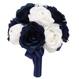 Angel Isabella 8" Bouquet-Navy Blue and White Open Roses with Rhinestone