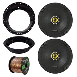 Kicker 6-3/4" CS-Series Black Car Audio Coaxial Speakers Bundle: 2 x Kicker 46CSC674, Metra Mounting Ring, Enrock 50 Ft 16G Speaker Wire - For 98-13 Harley Davidson Touring Vehicles