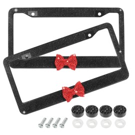 bylikeho License Plate Frame,Cute Car Accessories Stainless Steel Crystal Car Plate Covers,Shiny Rhinestones Premium License Plate Holder with Mounting Bolts,License Plate Frames (Black&Red)