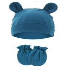 FATASH Baby Hat and Mittens Set (0-3 Months) for Newborn Boys & Girls, Breathable Soft Cotton No-Scratch Gloves Lightweight Warm Bunny Ear Cap Unisex Infant Daily Wear Winter Accessory Turquoise Blue