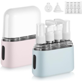 Juego de 8 Botellas de Viaje de Silicona, 4en1 Botella de Viaje Portátil de 50ml/2oz con Etiqueta y Caja De Almacenamiento, Set de Viaje Rellenable a Prueba de Fugas Apto para Champús, Cremas,Líquidos