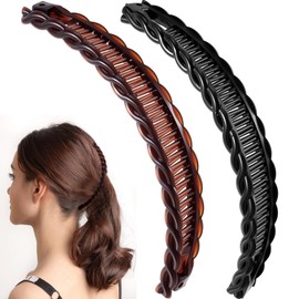 2pcs Banana Hair Clips for Women, Non-Slip Hair Claws with Double Combs, Vintage Hairpin Thick Long Curly Hair Styling Accessories for Daily, Party - Brown, Black, Wavy Edge