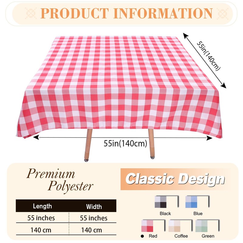 Kesfey Red Gingham Tablecloths Polyester 140x140cm,Square Checkered Tablecloth Spillproof and