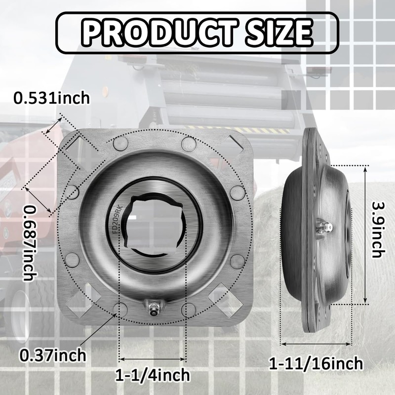 FD209RK 1-1/4" Square Bore Disc Harrow Flange Bearing Unit for