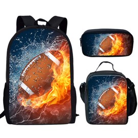 UNICEU Fire and Water Rugby Ball Print Kid School Backpack Set Book Bag Lunchbag with Pencil Case 3 PCS