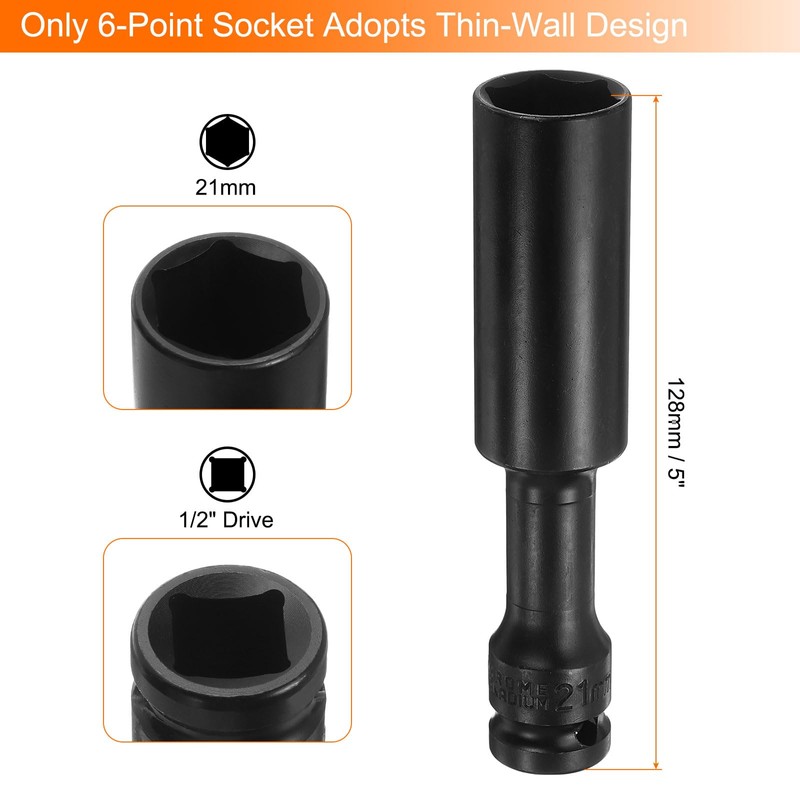 HARFINGTON Deep Thin Wall Impact Socket 21mm Metric 6 Point