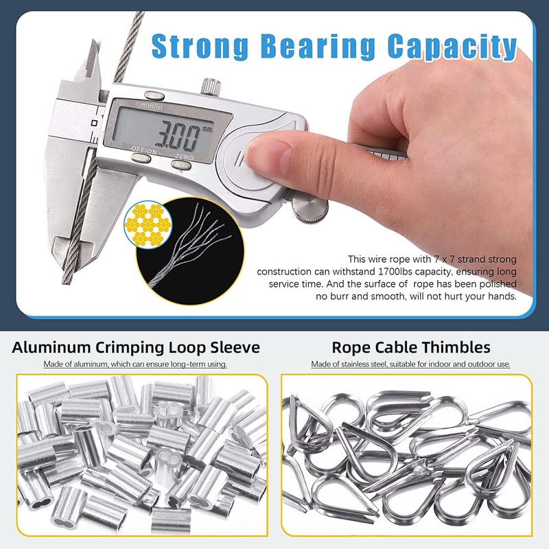 Glarks 72Pcs 1/8" 150ft Stainless Steel Wire Rope Cable Set