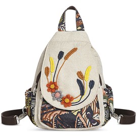 DIRRONA Women Backpack Fashion Embroidery Daypack Multifunctional Chest Pack Casual Crossbody Bag Canvas Travel Work Shopping Dating Retro Backpacks Handbag White A