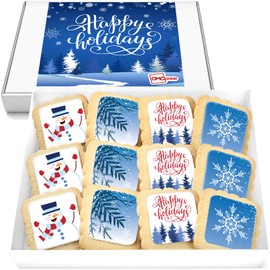 Happy Holidays Cookies Gift Basket for Men Women Kids | Holiday Gourmet Corporate Food Gift INDIVIDUALLY WRAPPED | 12 Decorated Sugar Cookies Winter