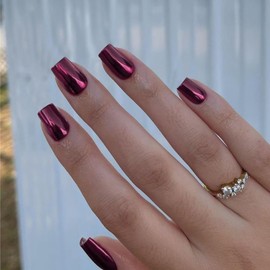 Purple Red Chrome Square Press on Nails Short Medium,KQueenest Mirror Metal False Acrylic Nails Press Ons,Metallic Fake Nails,Natural Glue on Nails Medium,UV Cover Stick on Nails for Women in 24 PCS