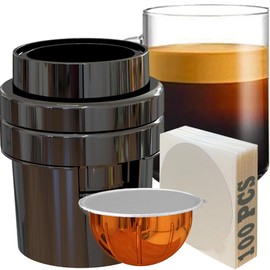 Reusable Vertuo Pods Tool Kit + 100 PCS Aluminum Foil Stickers for Refilling Nespresso Vertuo Pods (Glossy Black 2025 Improved Design, Tool Kit + 100 PCS Foil Stickers 63mm in Dia.)