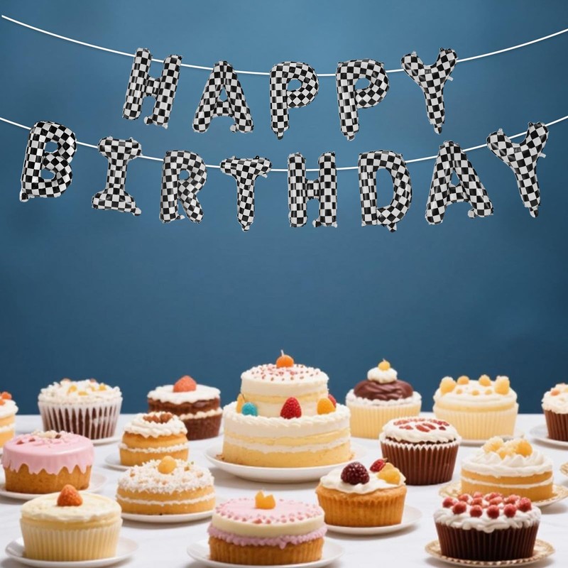 BOXOB Race Car Happy Birthday Banner, Checkered Birthday Banner Balloons