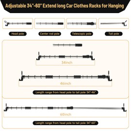 Heavy-Duty Car Clothes Hanger Bar, 34–60" Adjustable Clothes Hanger for Cars with Anti-Slip Hooks Wrinkle Free Clothing Rack for SUVs Pickup Trucks Sedans Business Travel and Road Trips