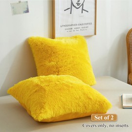 XeGe Faux Fur Throw Pillow Covers, Luxury Fluffy Plush Pillow Shams, Shaggy Decorative Pillow Cushion Cover for Sofa Bed Couch with Zipper Closure, Pack of 2 (18''x18'', Yellow)