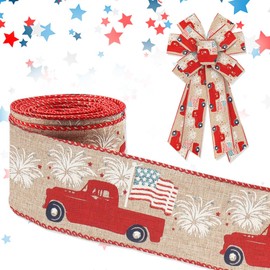Threetols Patriotic Wired Edge Ribbons 2.5" 10 Yards, Red Truck Wired Ribbon Memorial Day America Flag Fabric Craft Ribbon 4th of July Fireworks Ribbon for Holiday Party DIY Craft Decor Wreaths Bow
