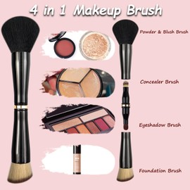 Voxora 4 in 1 Makeup Brush, Travel Makeup Brush Set, All in One Makeup Brush – Powder/Blush Brush, Foundation Brush, Blending Brush and Eyeshadow Brush, Small Makeup Brushes,Compact & Travel Essential