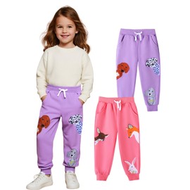 HILEELANG Toddler Girls Cotton Joggers Sweatpants Animal Embroidery Drawstring Waist and Pockets-Pink Purple Casual Athletic Pants for Kids 3Y