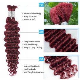 Burgundy Human Hair Braiding Hair - 24 Inch Boho Braids, 100g Wine Red Deep Wave, 2 Bundles For Micro & Bohemian Braids