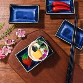 BOSILI Japanese Style Sushi Dish, 4 Pieces Small Delicate Ceramic Dipping Dish, Blue Vintage