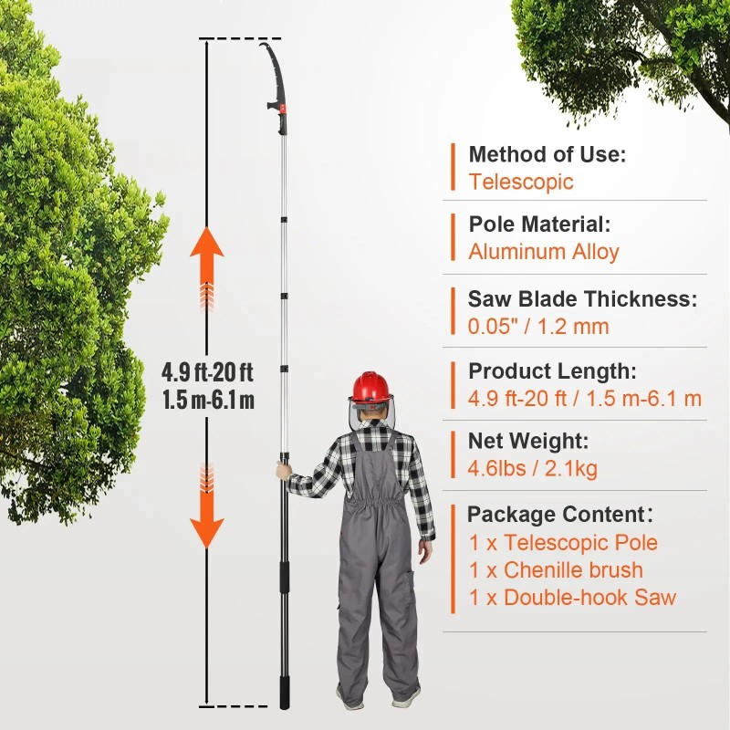 Vevor Lightweight Aluminum Manual Pole Saw 4.9-20 ft Extendable Tree