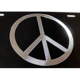 Engraved Peace Sign Car Tag Diamond Etched Silver on Black Aluminum Vanity License Plate
