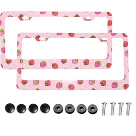 KiuLoam 2 Pcs Set Cute Strawberry Pink Metal License Plate Frame for Women, Auto Decorative Frames Cars Protector Cover Holder for Us Standard Vehicles with 2 Holes and Screws